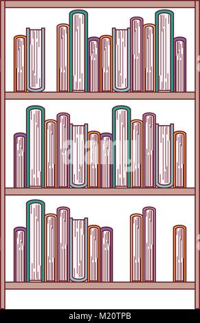 books stacked in shelf of three levels in colorful silhouette with brown contour Stock Vector