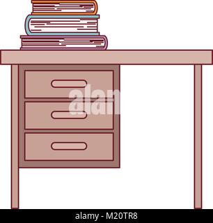 wooden desk of three drawers and books on top in colorful silhouette with brown contour Stock Vector