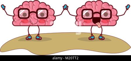 cartoon brains couple and both with glasses and holding hands with calm and funny expression in colorful silhouette with brown contour Stock Vector