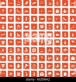 100 flowers icons set grunge orange Stock Vector