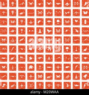 100 fly icons set grunge orange Stock Vector