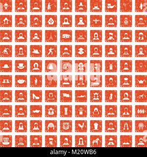 100 folk icons set grunge orange Stock Vector