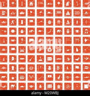 100 Asia icons set grunge orange Stock Vector