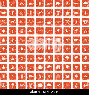 100 forest icons set grunge orange Stock Vector
