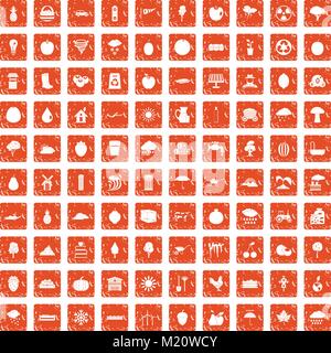 100 fruit icons set grunge orange Stock Vector