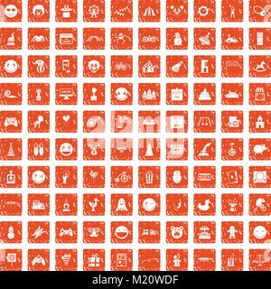 100 funny icons set grunge orange Stock Vector