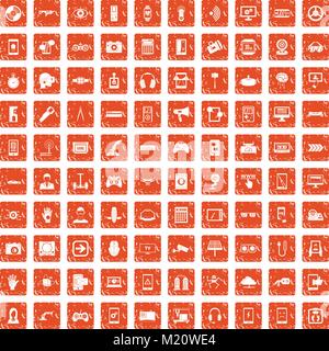 100 gadget icons set grunge orange Stock Vector