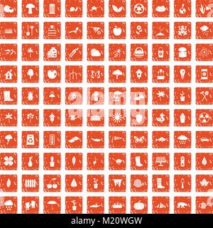 100 garden stuff icons set grunge orange Stock Vector