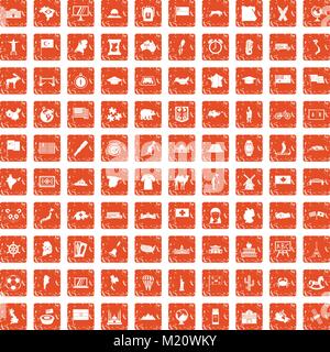 100 geography icons set grunge orange Stock Vector