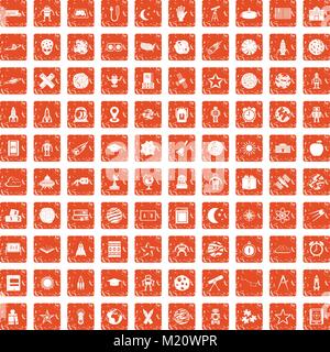 100 astronomy icons set grunge orange Stock Vector