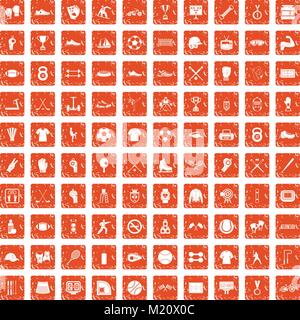 100 athlete icons set grunge orange Stock Vector