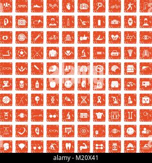 100 health icons set grunge orange Stock Vector