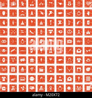 100 heart icons set grunge orange Stock Vector