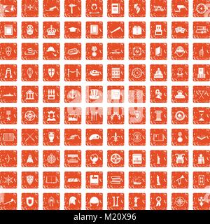 100 history icons set grunge orange Stock Vector