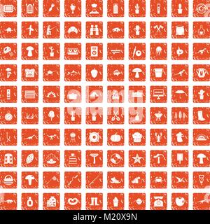 100 hobby icons set grunge orange Stock Vector