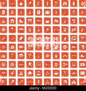 100 holidays family icons set grunge orange Stock Vector
