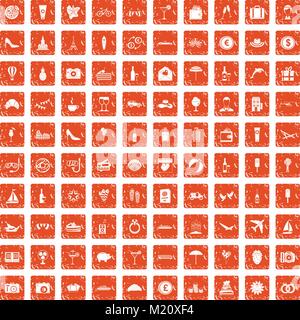 100 honeymoon icons set grunge orange Stock Vector