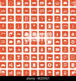 100 hotel icons set grunge orange Stock Vector