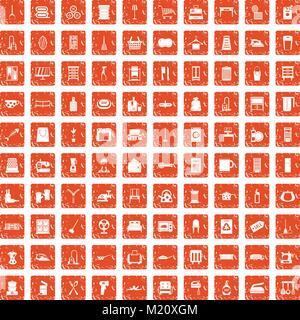 100 housework icons set grunge orange Stock Vector