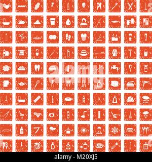 100 hygiene icons set grunge orange Stock Vector