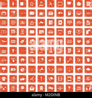100 information technology icons set grunge orange Stock Vector