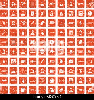 100 initiation icons set grunge orange Stock Vector