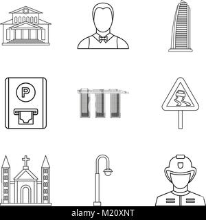 Large city icons set, outline style Stock Vector