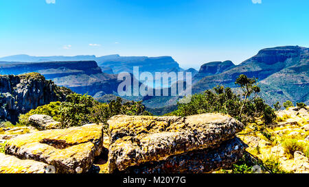 View of the highveld and the Blyde River Dam in the Blyde River Canyon Reserve, along the Panorama Route in Mpumalanga Province of South Africa Stock Photo