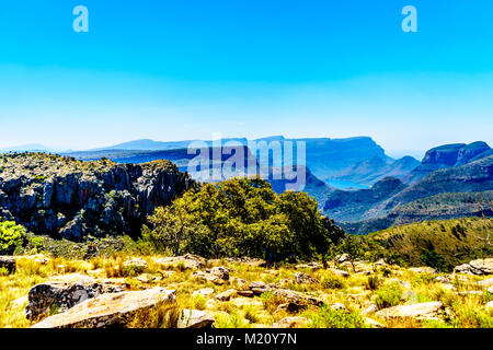 View of the highveld and the Blyde River Dam in the Blyde River Canyon Reserve, along the Panorama Route in Mpumalanga Province of South Africa Stock Photo