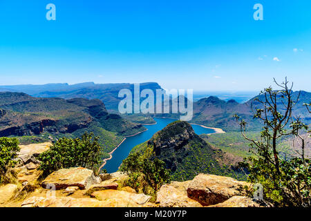 View of the highveld and the Blyde River Dam in the Blyde River Canyon Reserve, along the Panorama Route in Mpumalanga Province of South Africa Stock Photo