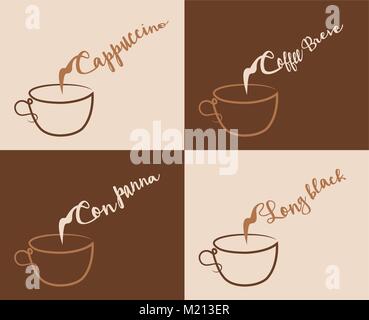 Cappuccino and Other Coffee Types With Steam, Four different coffee text types did converted to outlines and don’t need any fonts. Stock Vector