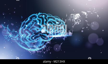 Glowing Human Brain On Poligonal Background With Shining Bokeh Light Low Poly Style Science, Medicine And Technology Concept Stock Vector