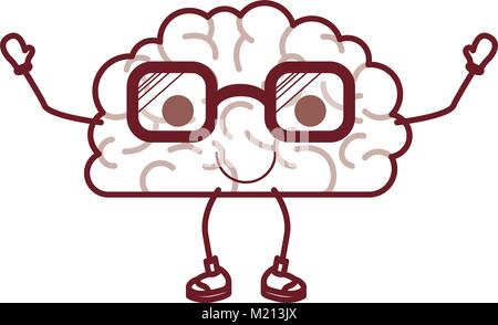 brain cartoon with glasses and calm expression in dark red contour Stock Vector