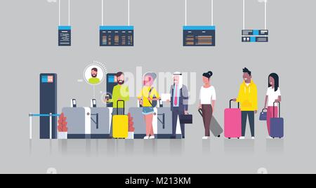 People Standing In Queue With Suitcases For Checking In Airport Passing Through Security Scanner For Registration Stock Vector