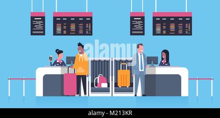 Check In Airport With Stuff Workers On Counter And Male Passengers With Luggage, Departures Board Concept Stock Vector