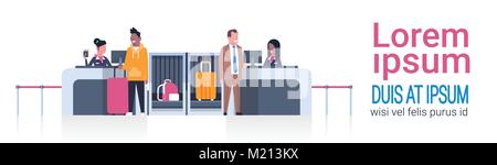 Airport Workers On Counter Checking In Male Passengers, Departures Board Concept Stock Vector