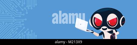 Robot In Black Mask Hacking Laptop Computer Hacker Over Circuit Background With Copy Space Stock Vector