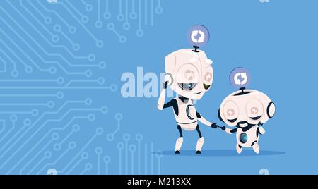 Two Cute Robots Sleeping Updating System Programming Software Over Circuit Background Stock Vector