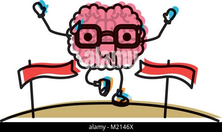 brain cartoon with glasses running and passing the finish line with funny expression in watercolor silhouette Stock Vector