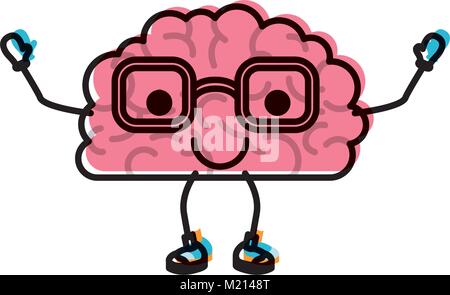 brain cartoon with glasses and calm expression in watercolor silhouette Stock Vector