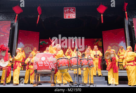 Shengzhou, China, 3rd Feb, 2018. Actors perform for villagers during a fair in Dongwang Village, Shengzhou City, east China's Zhejiang Province, Feb. 3, 2018, to greet the upcoming Spring Festival, or Chinese Lunar New Year. Credit: Weng Xinyang/Xinhua/Alamy Live News Stock Photo