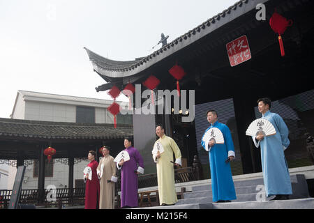 Shengzhou, China, 3rd Feb, 2018. Actors perform for villagers during a fair in Dongwang Village, Shengzhou City, east China's Zhejiang Province, Feb. 3, 2018, to greet the upcoming Spring Festival, or Chinese Lunar New Year. Credit: Weng Xinyang/Xinhua/Alamy Live News Stock Photo