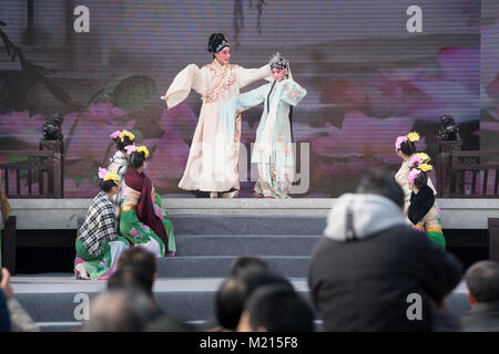 Shengzhou, China, 3rd Feb, 2018. Actors perform for villagers during a fair in Dongwang Village, Shengzhou City, east China's Zhejiang Province, Feb. 3, 2018, to greet the upcoming Spring Festival, or Chinese Lunar New Year. Credit: Weng Xinyang/Xinhua/Alamy Live News Stock Photo