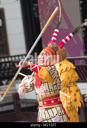 Shengzhou, China, 3rd Feb, 2018. Actors perform for villagers during a fair in Dongwang Village, Shengzhou City, east China's Zhejiang Province, Feb. 3, 2018, to greet the upcoming Spring Festival, or Chinese Lunar New Year. Credit: Weng Xinyang/Xinhua/Alamy Live News Stock Photo