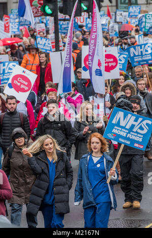 London, UK, 3 Feb 2018. Nurses in scrubs at the front of the march - NHS In Crisis - Fix It Now March and Demonstration - organised by the Peoples Assembly started in Gower Street and finished outside Downing street. Credit: Guy Bell/Alamy Live News Stock Photo