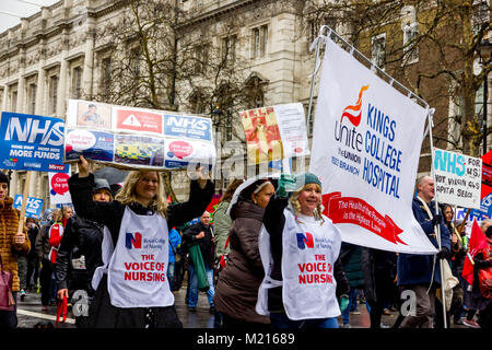 3rd February 2018. Whitehall, London, United Kingdom. Thousands from all over the United Kingdom gather at University College London to march in the cold and rain in protest at cuts in the National Health Service NHS. Credit: Newspics UK London/Alamy Live News Stock Photo