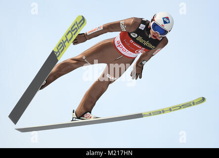 Willingen, Germany. 3rd Feb, 2018. Poland's Kamil Stoch in action during his trial jump off the 'Muehlenkopfschanze' at the Ski Jumping World Cup in Willingen, Germany, 3 February 2018. Credit: Arne Dedert/dpa/Alamy Live News Stock Photo
