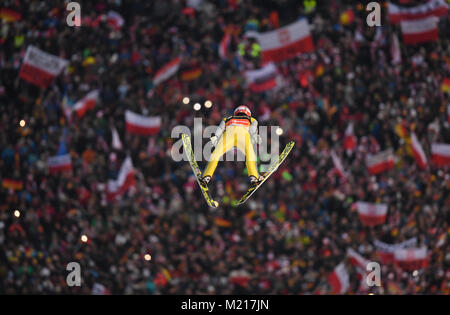 Willingen, Germany. 3rd Feb, 2018. Germany's Richard Freitag in action during his first jump off the 'Muehlenkopfschanze' at the Ski Jumping World Cup in Willingen, Germany, 3 February 2018. Credit: Arne Dedert/dpa/Alamy Live News Stock Photo