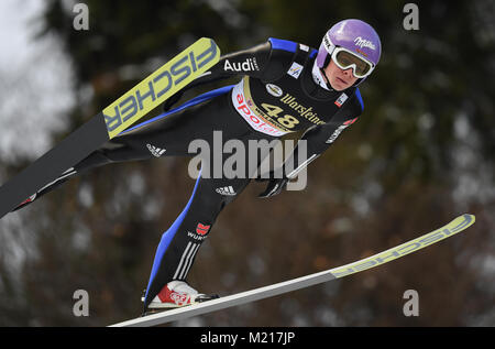 Willingen, Germany. 3rd Feb, 2018. Germany's Andreas Wellinger in action during his trial jump off the 'Muehlenkopfschanze' at the Ski Jumping World Cup in Willingen, Germany, 3 February 2018. Credit: Arne Dedert/dpa/Alamy Live News Stock Photo