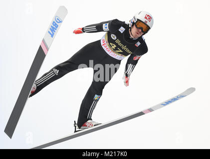 Willingen, Germany. 3rd Feb, 2018. Norway's Daniel Andre Tande in action during his trial jump off the 'Muehlenkopfschanze' at the Ski Jumping World Cup in Willingen, Germany, 3 February 2018. Credit: Arne Dedert/dpa/Alamy Live News Stock Photo